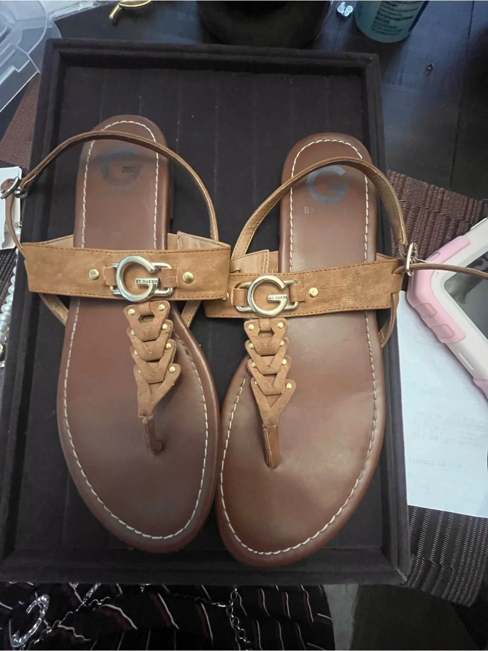 G by Guess Brown Braided T-Strap Sandals with Gold G Logo